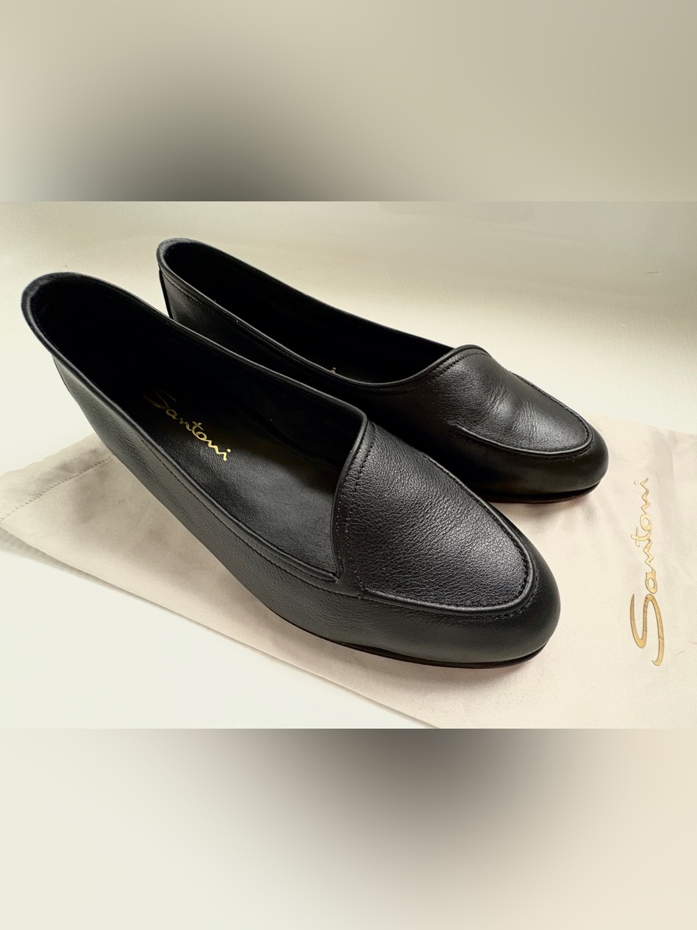 Santoni Black Leather Calfskin Slip-On Ballet Flat Loafers.